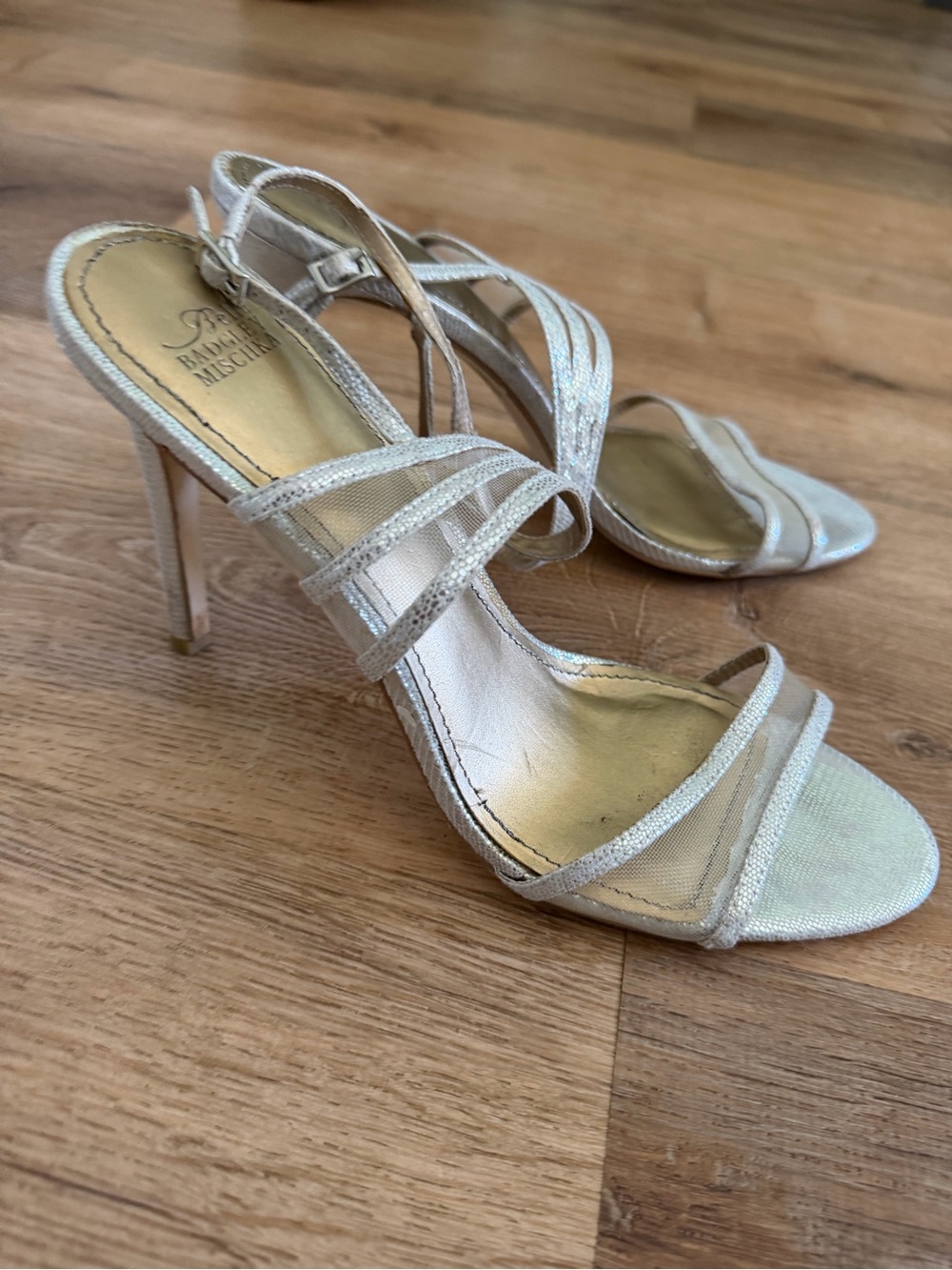 Badgley Mischka Metallic Silver Strappy High Heel Sandals